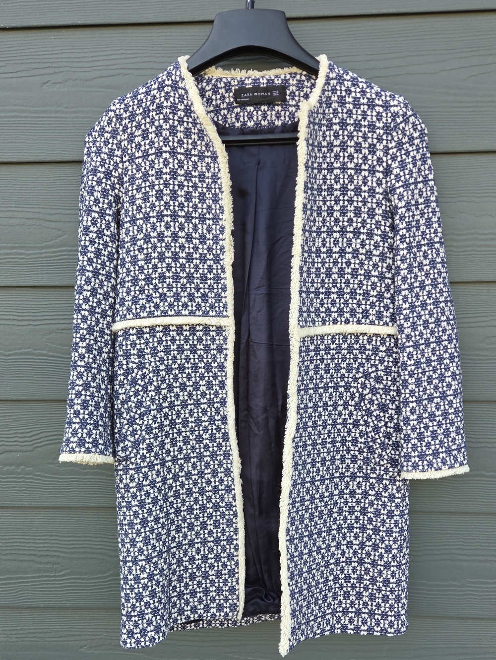 Zara Navy & Cream Bouclé Collarless Long Jacket